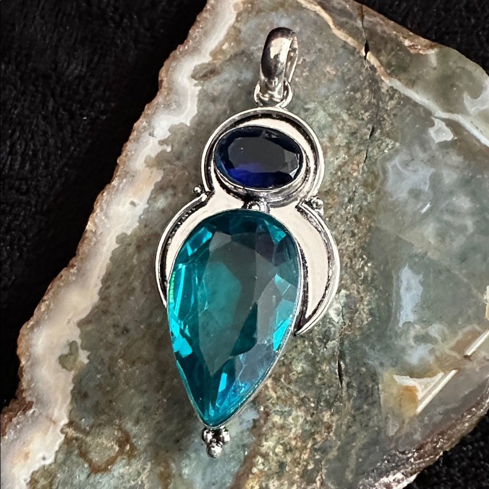 Artisan Hand Crafted Teardrop Pendant Necklace - Simulated Blue Topaz in Silver